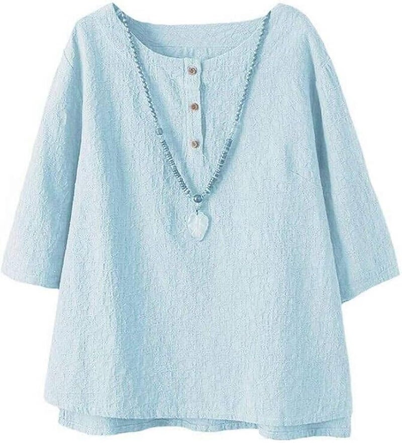 Minibee Women's 3/4 Sleeve Cotton Linen Jacquard Blouses Top T-Shirt (XL, Blue)